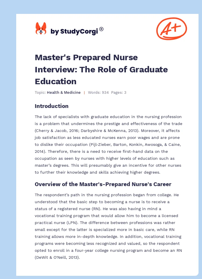 Master's Prepared Nurse Interview: The Role of Graduate Education. Page 1