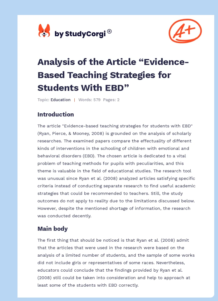 Analysis of the Article “Evidence-Based Teaching Strategies for Students With EBD”. Page 1