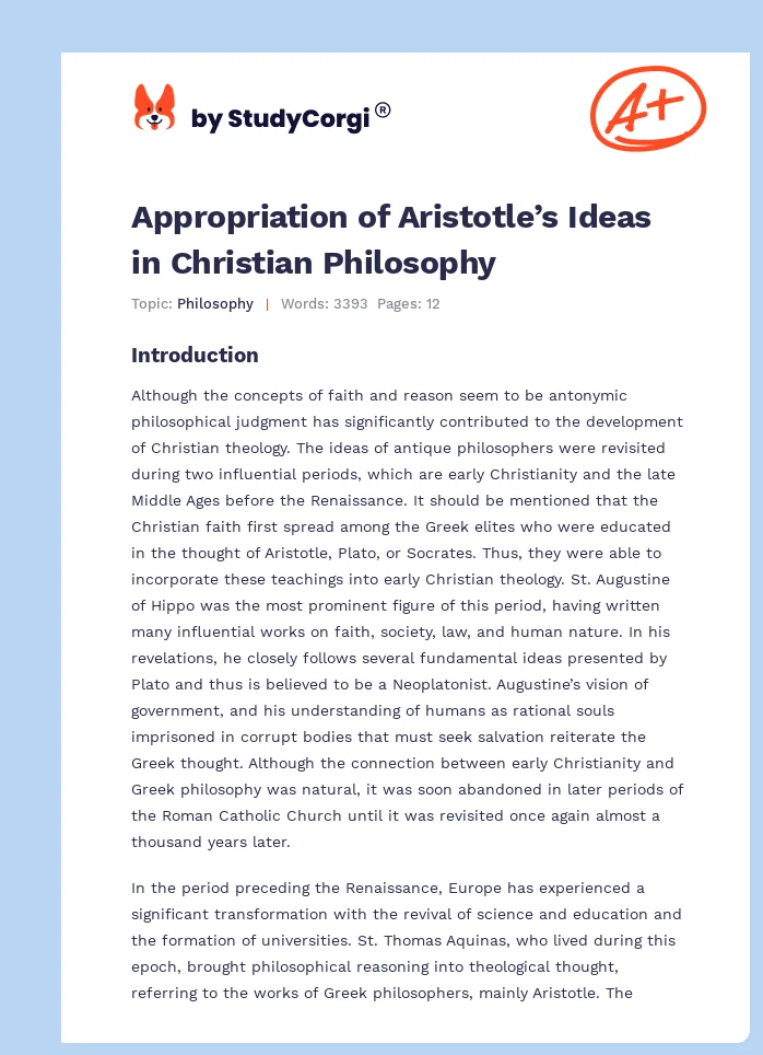 Appropriation of Aristotle’s Ideas in Christian Philosophy. Page 1