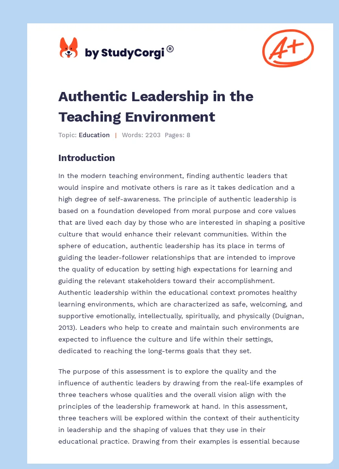 Authentic Leadership in the Teaching Environment. Page 1