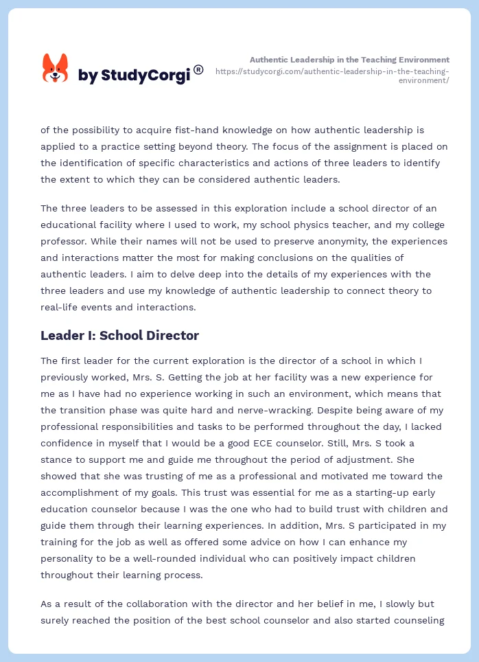Authentic Leadership in the Teaching Environment. Page 2