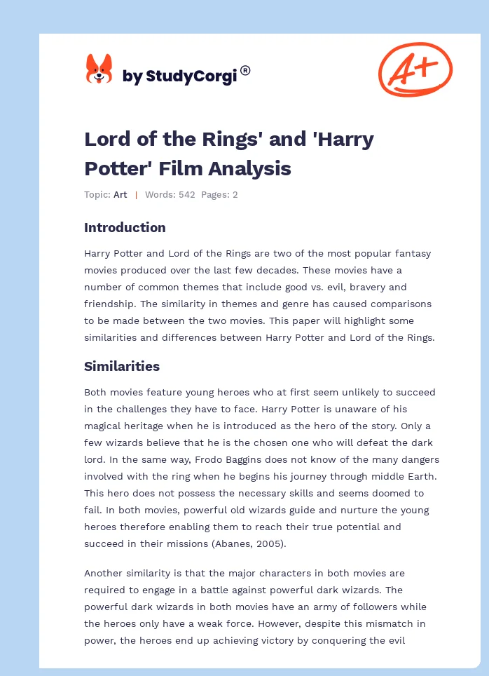 Lord of the Rings' and 'Harry Potter' Film Analysis. Page 1