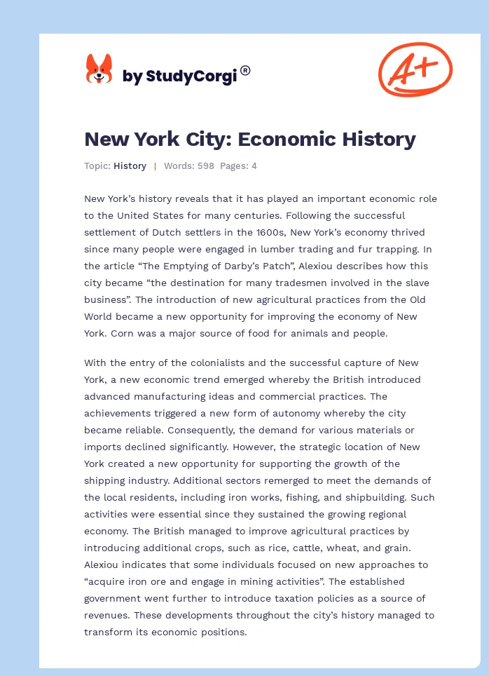 New York City: Economic History. Page 1