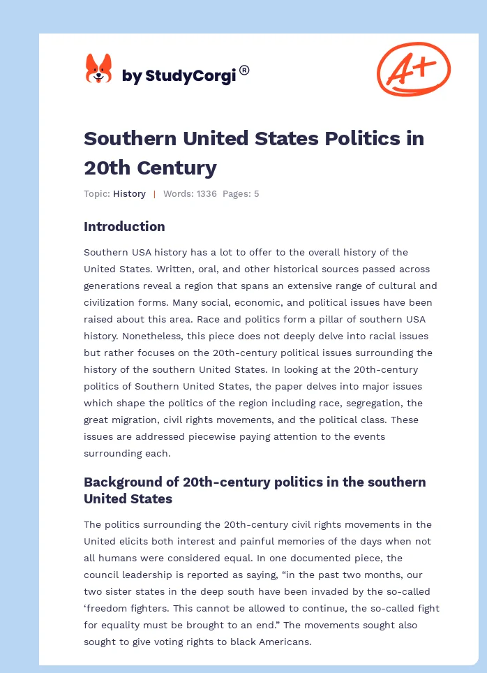 Southern United States Politics in 20th Century. Page 1