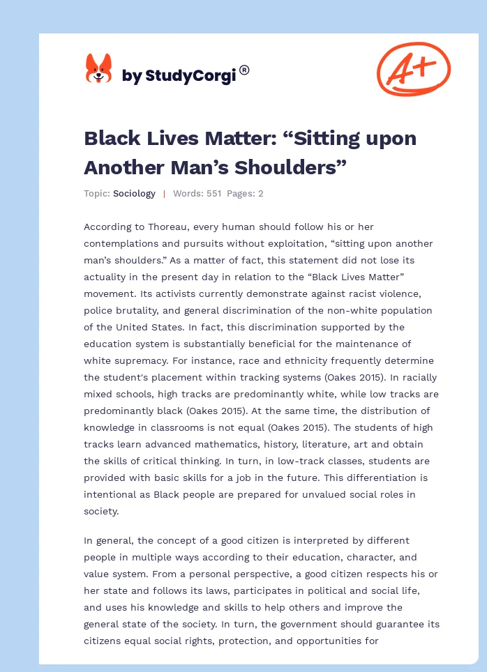 Black Lives Matter: “Sitting upon Another Man’s Shoulders”. Page 1