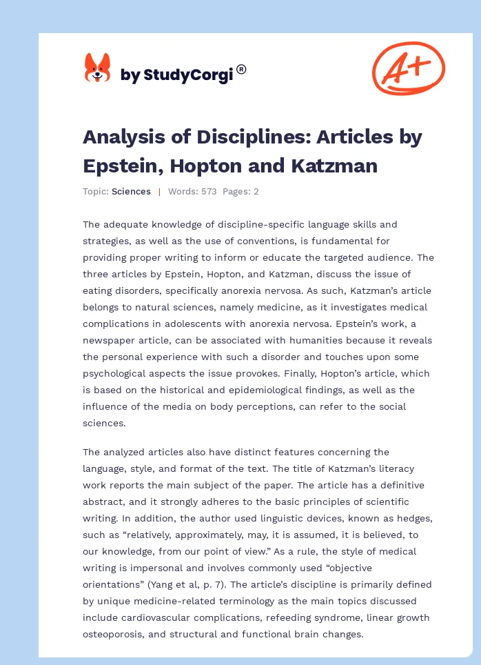 Analysis of Disciplines: Articles by Epstein, Hopton and Katzman. Page 1