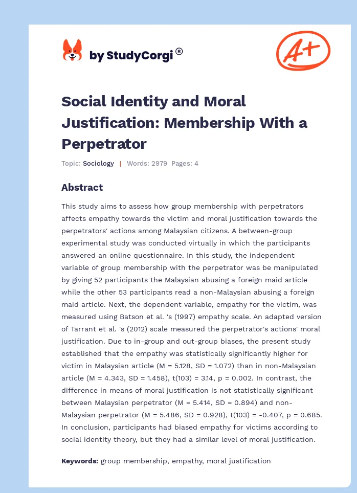 Social Identity and Moral Justification: Membership With a Perpetrator. Page 1