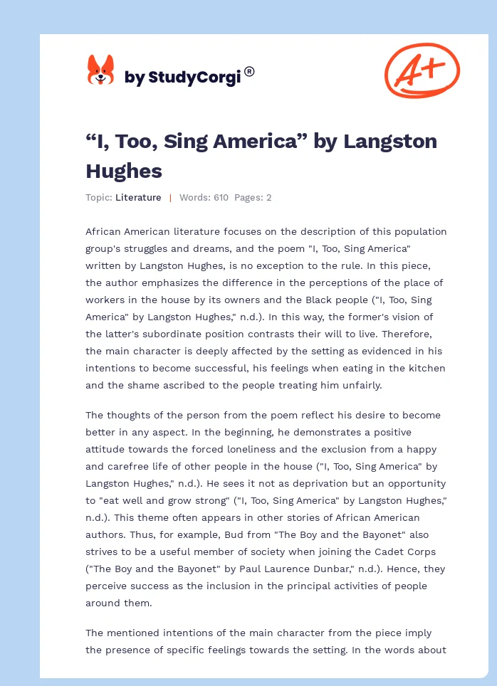 “I, Too, Sing America” by Langston Hughes. Page 1