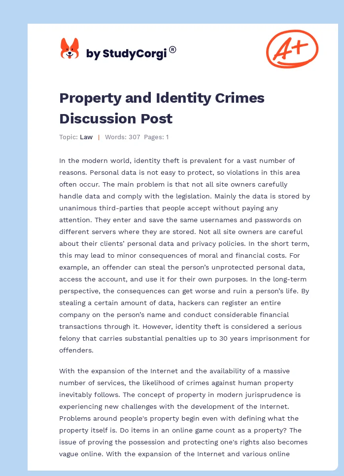 Property and Identity Crimes Discussion Post. Page 1