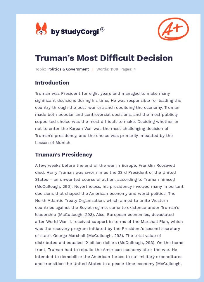 Truman’s Most Difficult Decision. Page 1