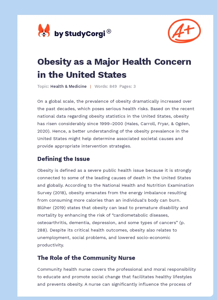 Obesity as a Major Health Concern in the United States. Page 1