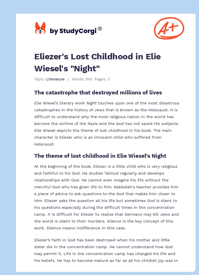 Eliezer's Lost Childhood in Elie Wiesel's "Night". Page 1