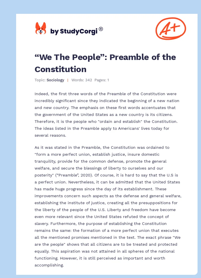 “We The People”: Preamble of the Constitution. Page 1