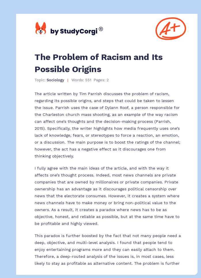 The Problem of Racism and Its Possible Origins. Page 1
