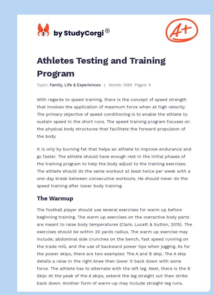 Athletes Testing and Training Program. Page 1