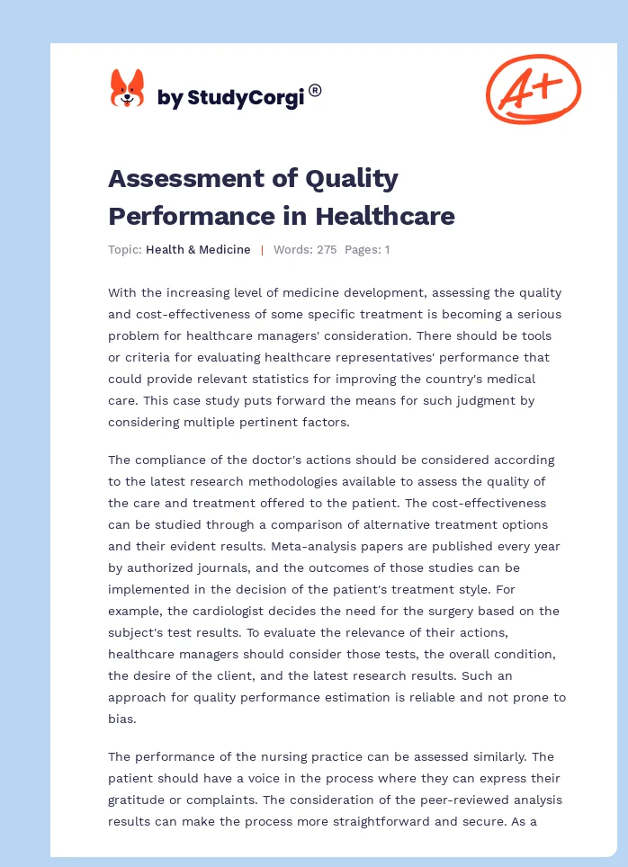 Assessment of Quality Performance in Healthcare. Page 1