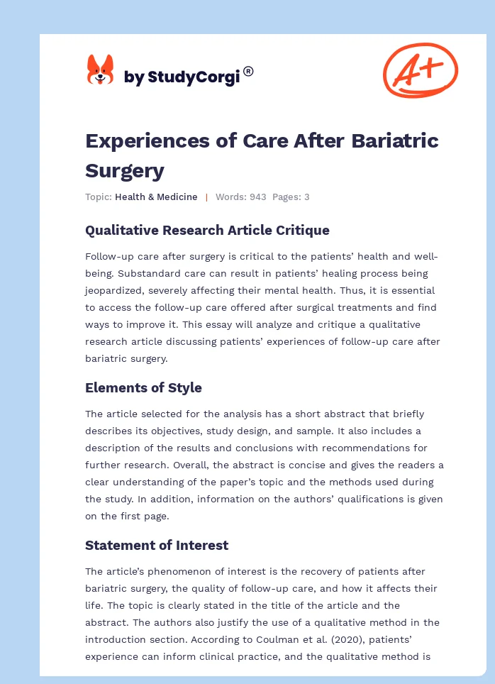 Experiences of Care After Bariatric Surgery. Page 1