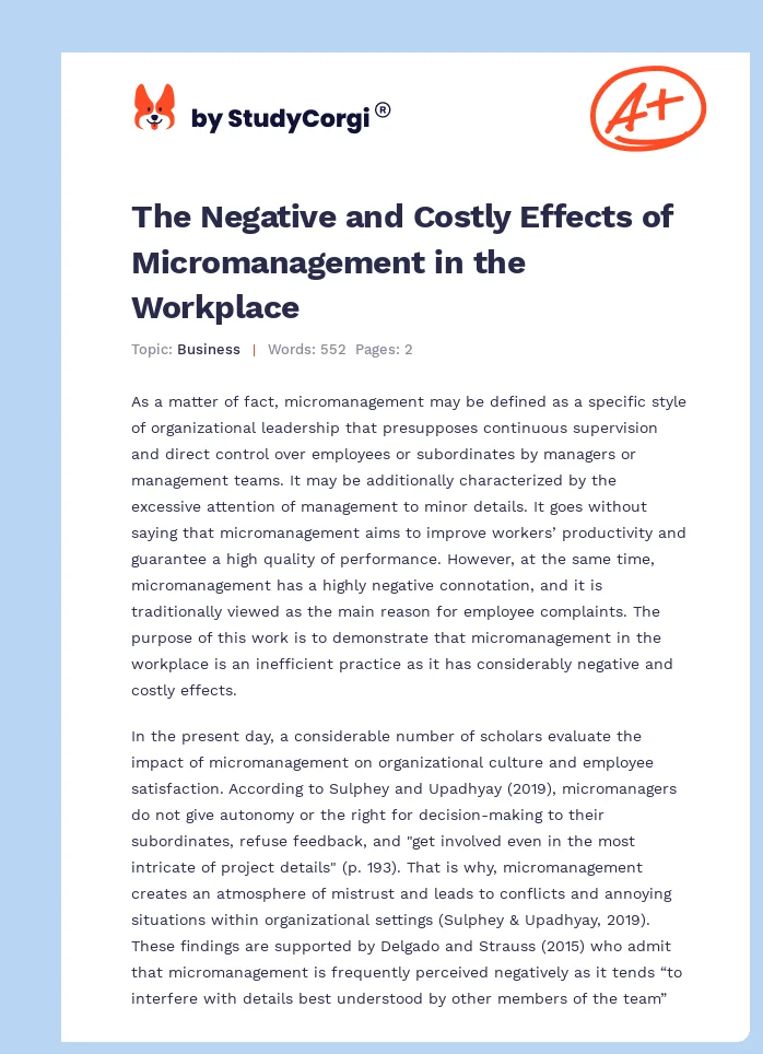 The Negative and Costly Effects of Micromanagement in the Workplace. Page 1