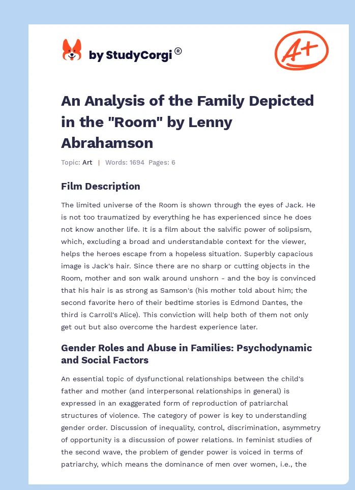 An Analysis of the Family Depicted in the "Room" by Lenny Abrahamson. Page 1