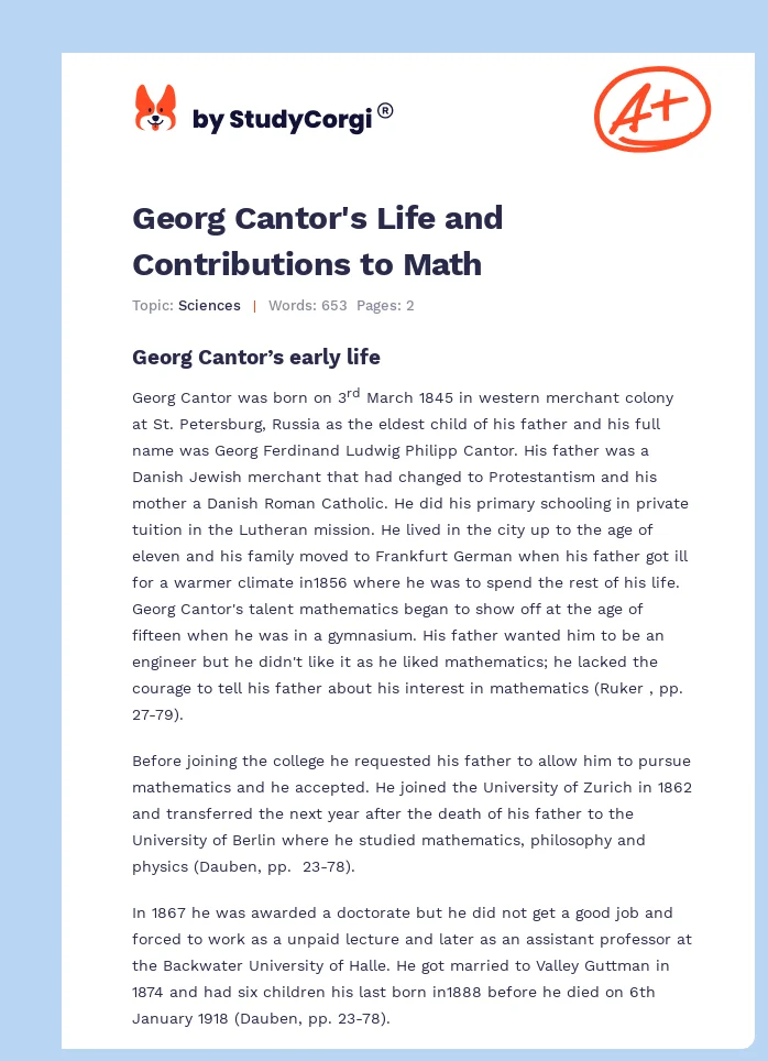 Georg Cantor's Life and Contributions to Math. Page 1