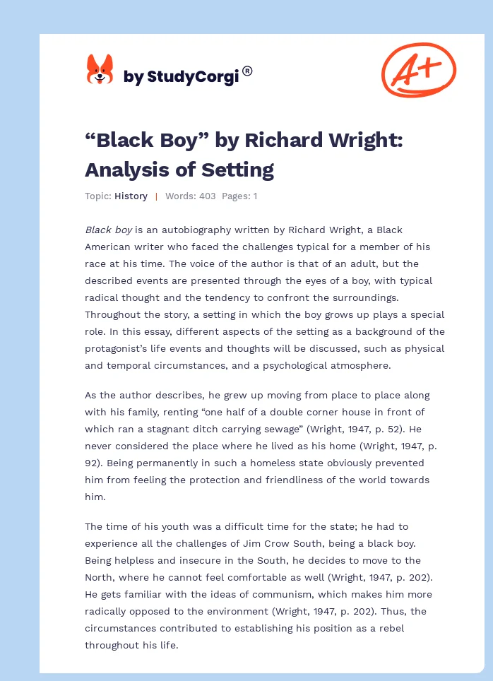 “Black Boy” by Richard Wright: Analysis of Setting. Page 1