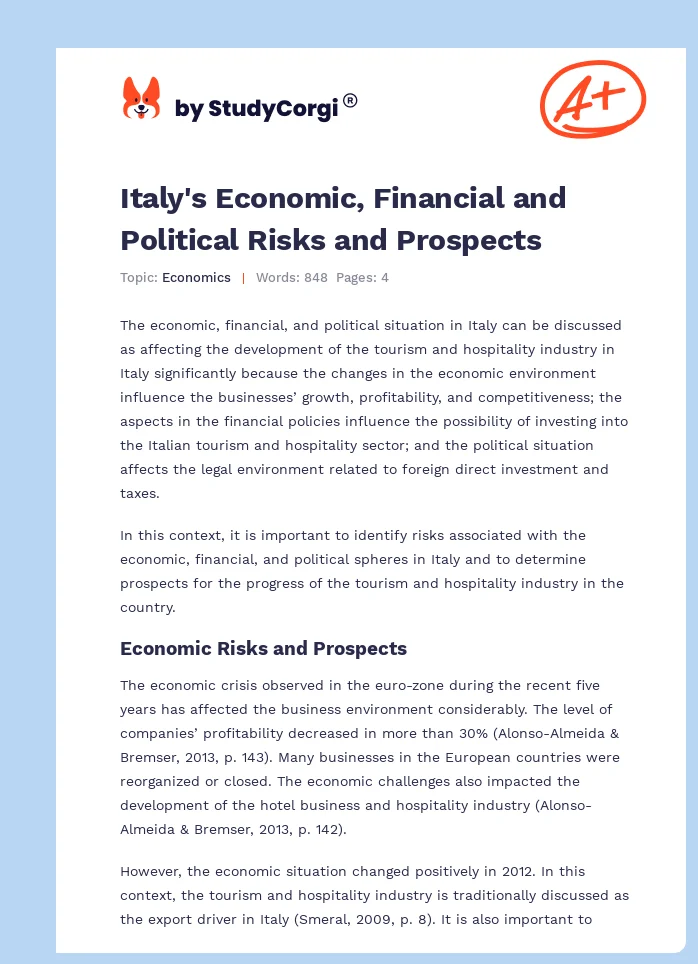 Italy's Economic, Financial and Political Risks and Prospects. Page 1
