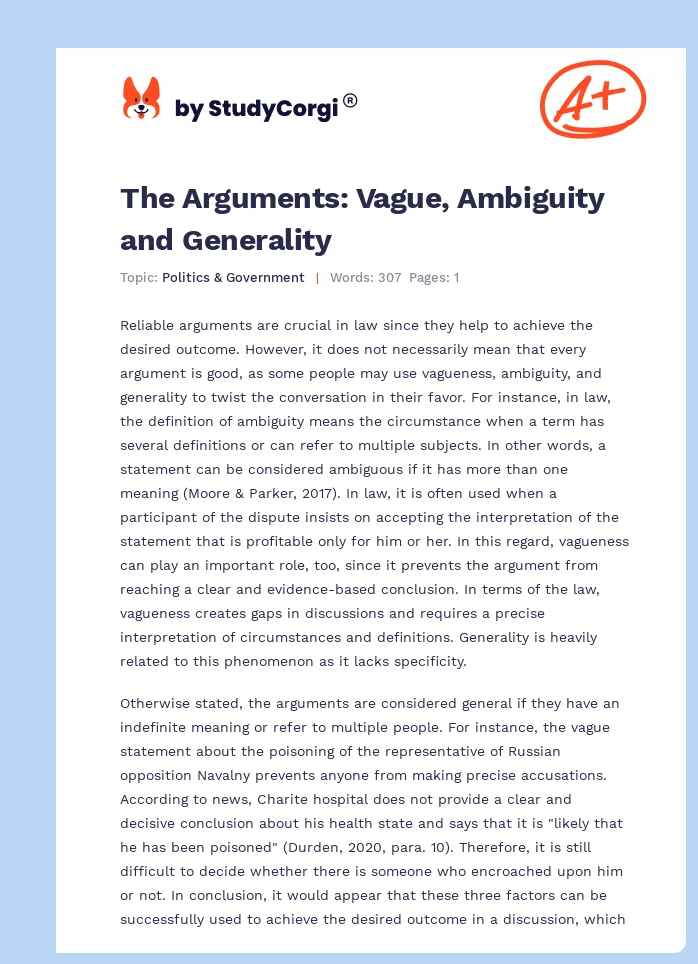 The Arguments: Vague, Ambiguity and Generality. Page 1