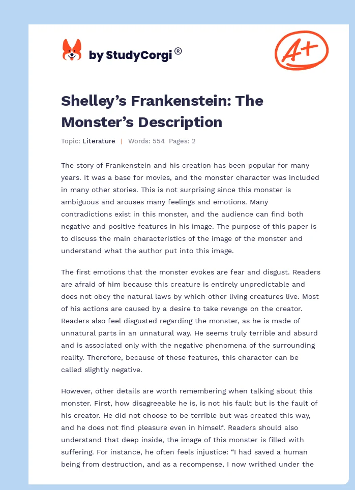 Shelley’s Frankenstein: The Monster’s Description. Page 1
