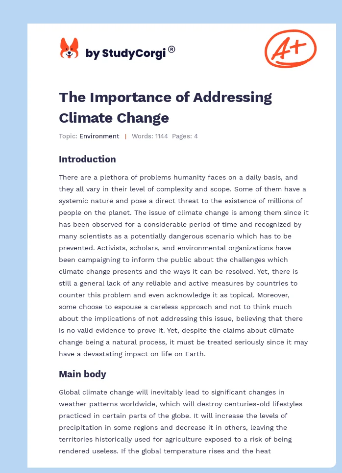 The Importance of Addressing Climate Change. Page 1