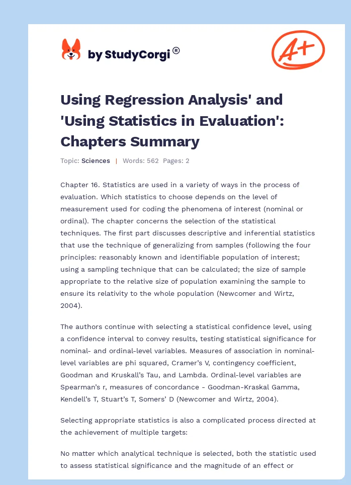 Using Regression Analysis' and 'Using Statistics in Evaluation': Chapters Summary. Page 1