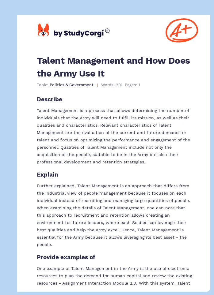 Talent Management and How Does the Army Use It. Page 1