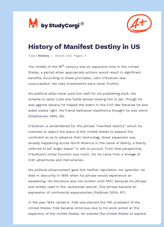 History of Manifest Destiny in US. Page 1
