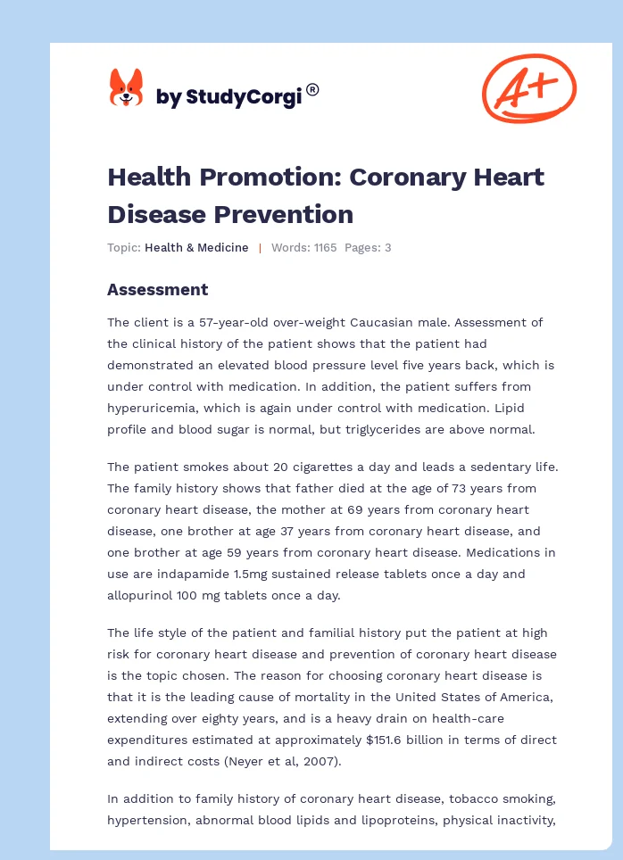 Health Promotion: Coronary Heart Disease Prevention. Page 1