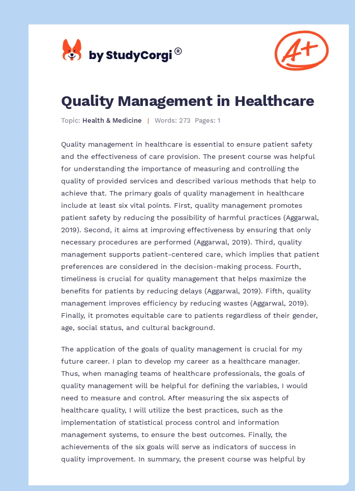 Quality Management in Healthcare. Page 1