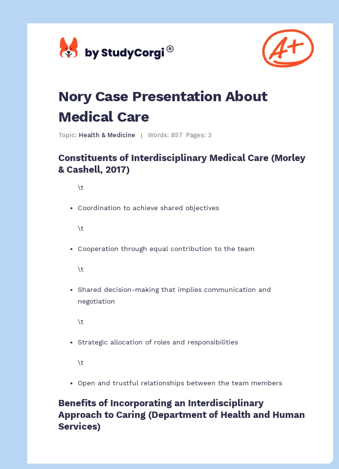 Nory Case Presentation About Medical Care. Page 1