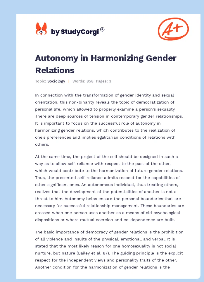Autonomy in Harmonizing Gender Relations. Page 1