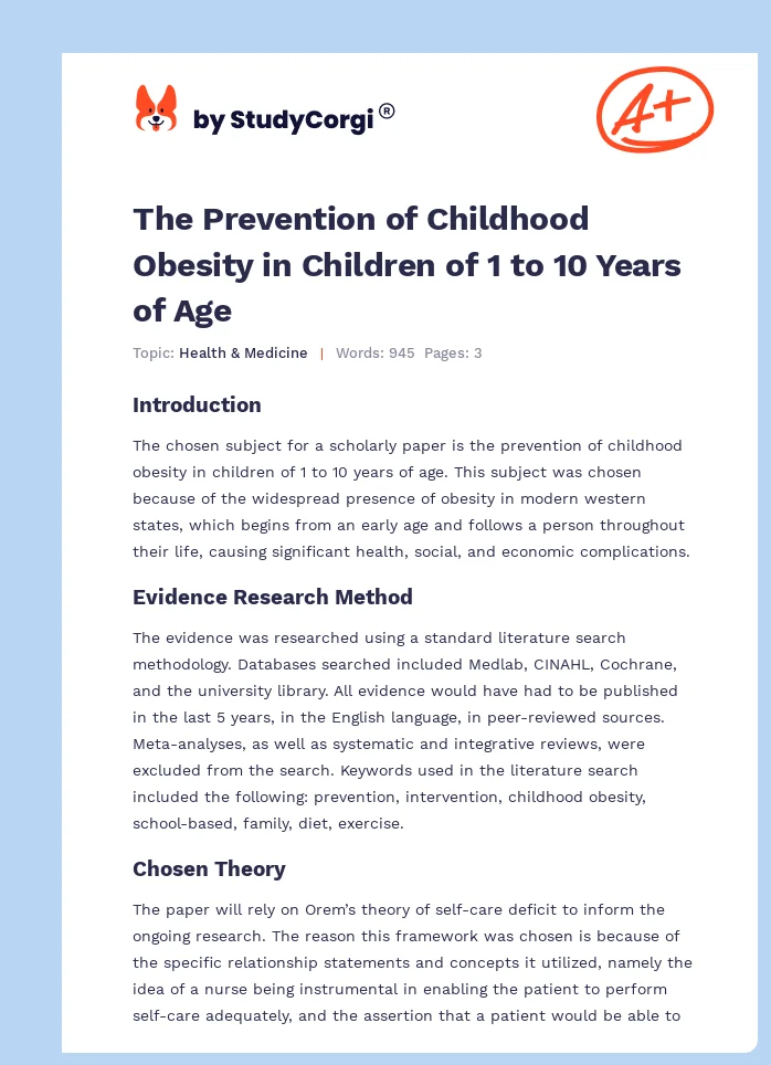 The Prevention of Childhood Obesity in Children of 1 to 10 Years of Age. Page 1
