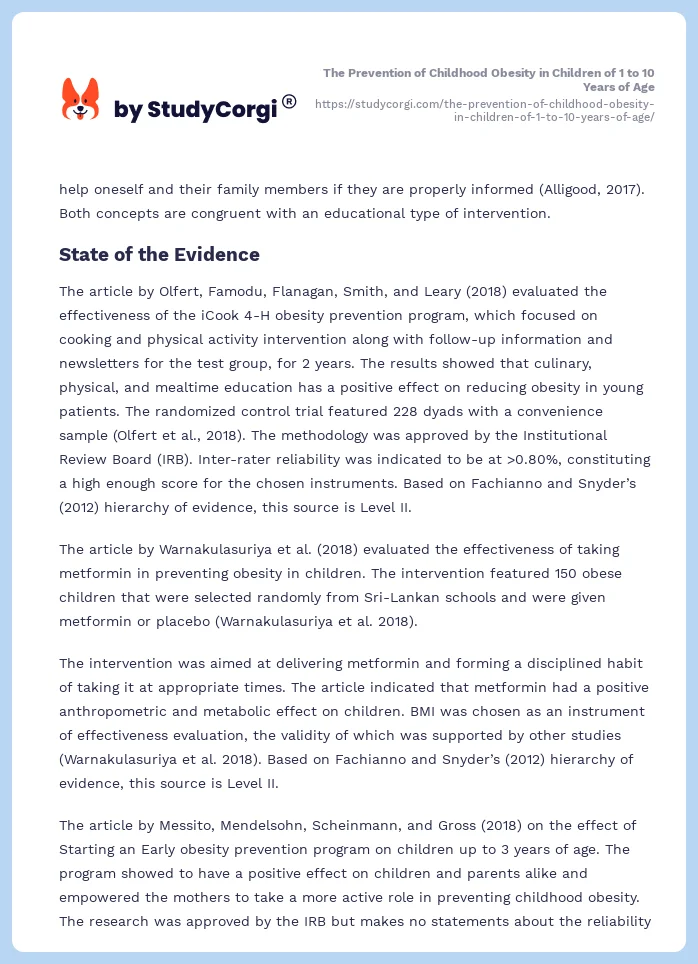 The Prevention of Childhood Obesity in Children of 1 to 10 Years of Age. Page 2