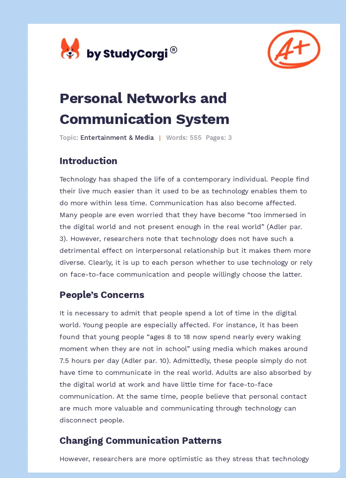 Personal Networks and Communication System. Page 1
