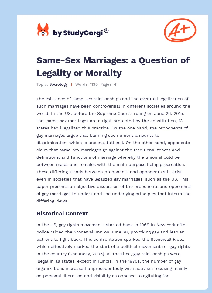 Same-Sex Marriages: a Question of Legality or Morality. Page 1