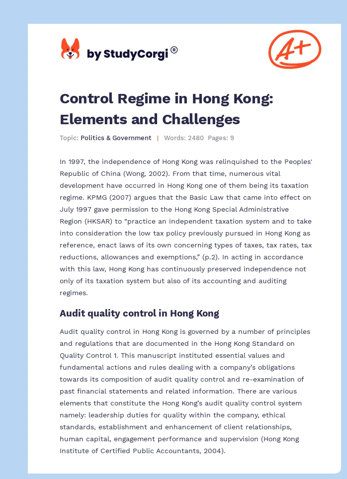 Control Regime in Hong Kong: Elements and Challenges. Page 1