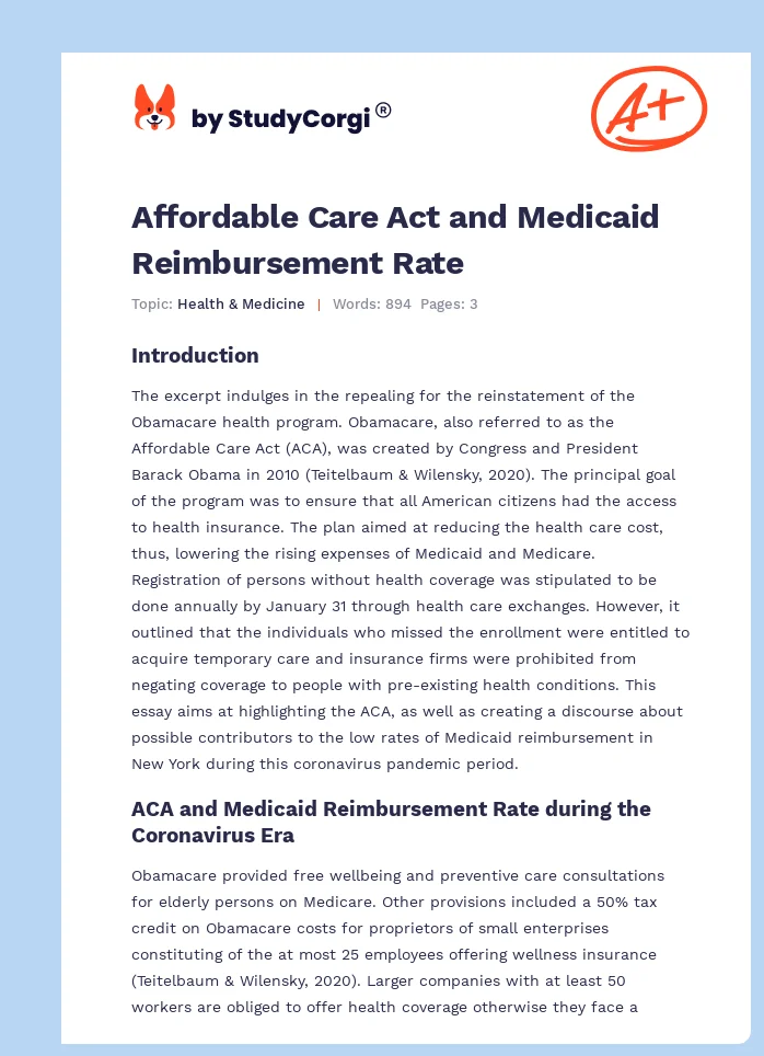 Affordable Care Act and Medicaid Reimbursement Rate. Page 1