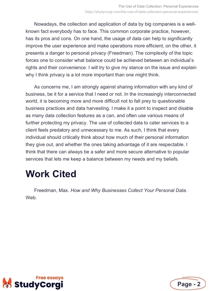 The Use of Data Collection: Personal Experiences. Page 2