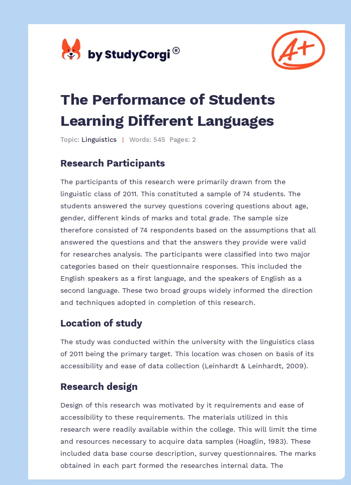 The Performance of Students Learning Different Languages. Page 1