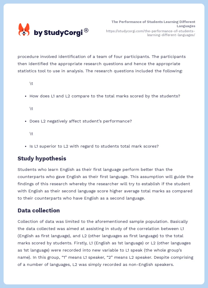 The Performance of Students Learning Different Languages. Page 2