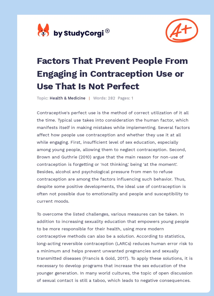 Factors That Prevent People From Engaging in Contraception Use or Use That Is Not Perfect. Page 1
