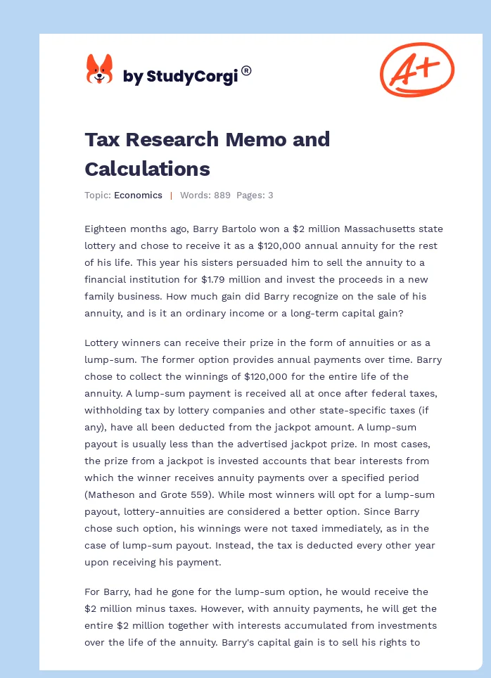 Tax Research Memo and Calculations. Page 1