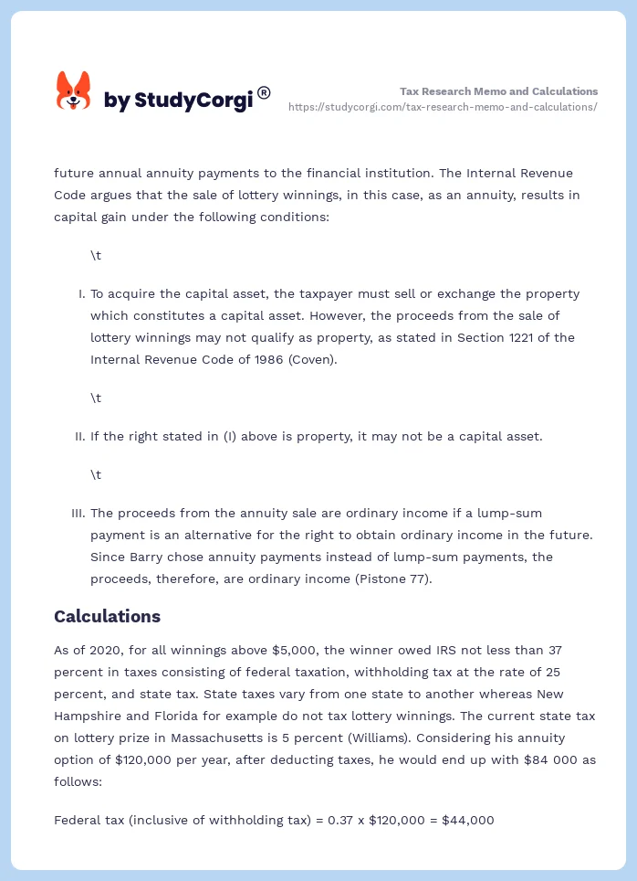 Tax Research Memo and Calculations. Page 2