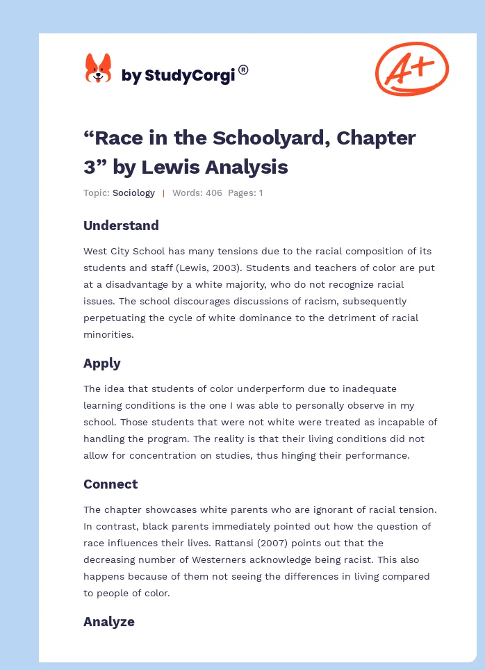 “Race in the Schoolyard, Chapter 3” by Lewis Analysis. Page 1