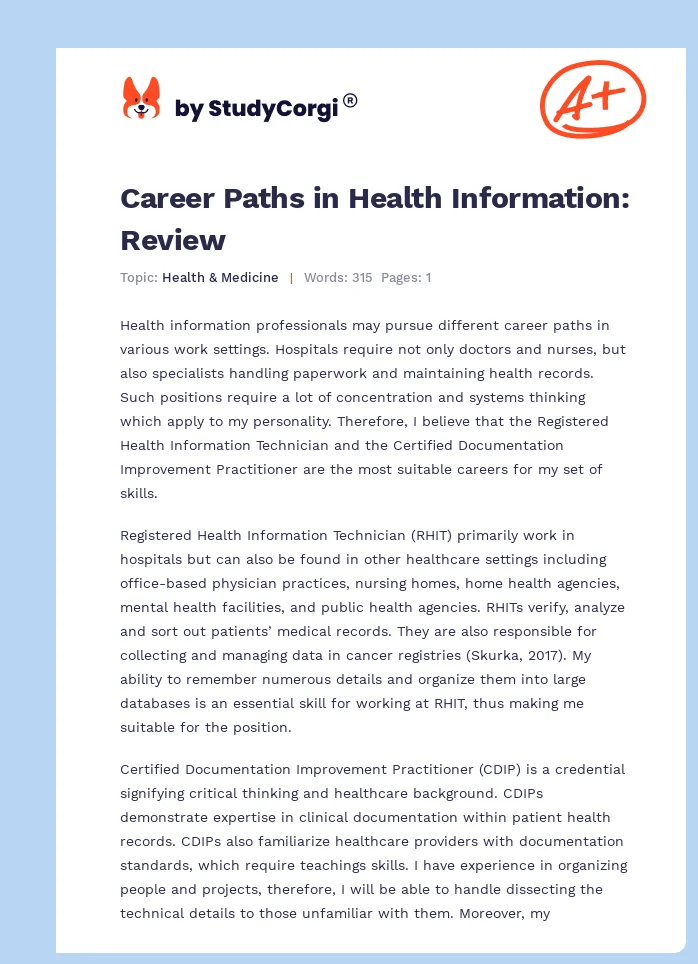 Career Paths in Health Information: Review. Page 1